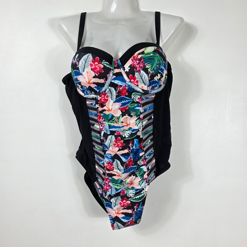 New One Piece Swimsuit Women 20 Black Tropical Floral Mesh Stripe Underwire